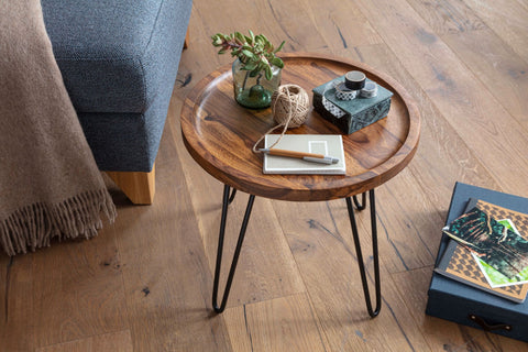 Rootz Round Coffee Table - Sheesham Solid Wood - Hairpin Legs - Wood and Metal Living Room Table - (45x40x45 cm)