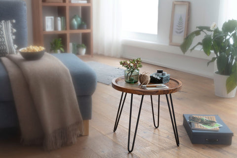 Rootz Round Coffee Table - Sheesham Solid Wood - Hairpin Legs - Wood and Metal Living Room Table - (45x40x45 cm)