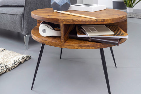 Rootz Side Table - Sheesham Solid Wood - Metal Living Room Table - Design Round Coffee Table with Shelf - Small Brown Table - (60x45x60 cm)