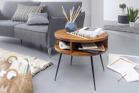 Rootz Side Table - Sheesham Solid Wood - Metal Living Room Table - Design Round Coffee Table with Shelf - Small Brown Table - (60x45x60 cm)