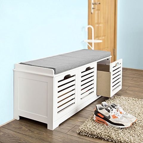 Rootz White Storage Bench with 3 Drawers & Removable Seat Cushion-Shoe Cabinet Shoe Bench