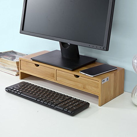 Rootz Bamboo Monitor Stand Computer Screen- Monitor Stand Monitor Riser Desk Organizer with 2 Drawers