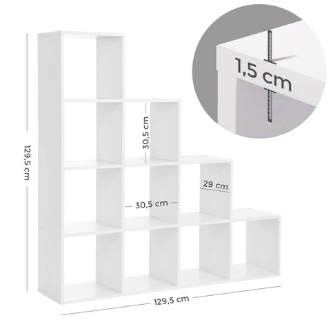 Rootz Bookcase - Stairs with 10 Cube Compartments - Wooden Display Shelf - Room Divider - White