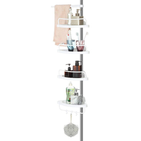 Rootz Shower Rack - Shower Shelf - Bathroom Shelf - Adjustable Height - Corner - 95-300 cm - Stainless Steel - 4 Levels - 3 Hooks - White-Silver