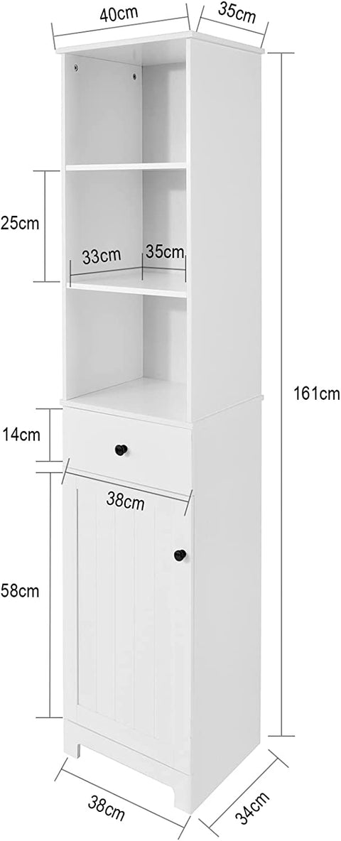 Rootz Tall Bathroom Cabinet - Bathroom Storage - Cabinet with 3 Shelves - 1 Drawer - 1 Cabinet