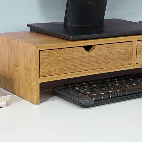 Rootz Bamboo Monitor Stand Computer Screen- Monitor Stand Monitor Riser Desk Organizer with 2 Drawers