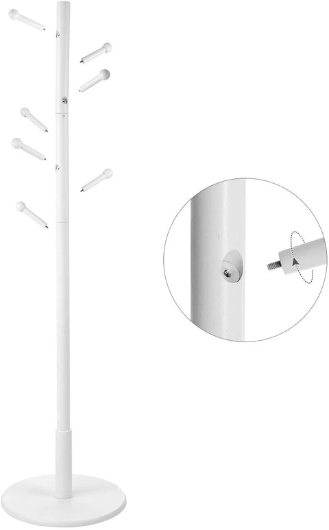 Rootz Coat Rack - Freestanding - 7 Hooks - Rounded Hooks - Solid Rubber Wood - White 38 x 38 x 175 cm