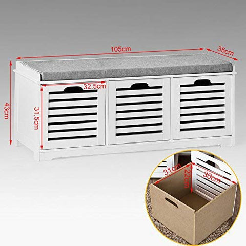 Rootz White Storage Bench with 3 Drawers & Removable Seat Cushion-Shoe Cabinet Shoe Bench