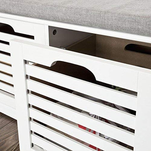 Rootz White Storage Bench with 3 Drawers & Removable Seat Cushion-Shoe Cabinet Shoe Bench