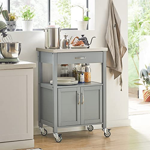 Rootz Kitchen Trolley Cart Storage Trolley Serving Trolley Kitchen Cabinet with Stainless Steel Worktop