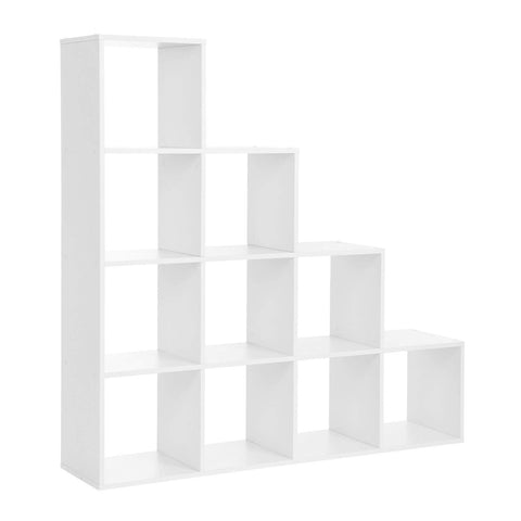 Rootz Bookcase - Stairs with 10 Cube Compartments - Wooden Display Shelf - Room Divider - White