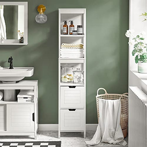 Rootz White Tall Bathroom Storage Cabinet with 3 Shelves and 2 Drawers