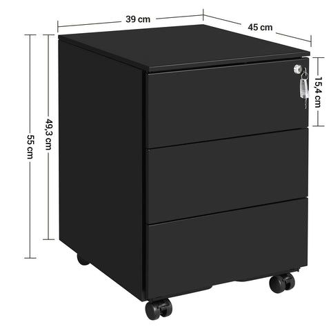 Rootz Rollcontainer - Steel Rolling Bin - Mobile Filing Cabinet - Lockable with 3 Drawers - File Storage - Office Supplies, Office, Home Office - Black