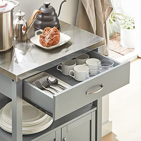 Rootz Kitchen Trolley Cart Storage Trolley Serving Trolley Kitchen Cabinet with Stainless Steel Worktop