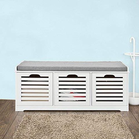 Rootz White Storage Bench with 3 Drawers & Removable Seat Cushion-Shoe Cabinet Shoe Bench