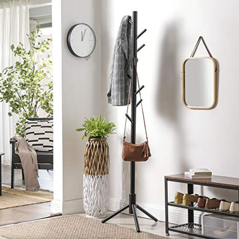 Rootz Coat Stand - Coat Rack Stand - Freestanding Coat Stand - Wooden Coat Stand - Hallway Coat Stand - Standing Coat Stand - Coat Stand With Hooks - Rubberwood - Black - 47 x 47 x 175 cm (L x W x H)