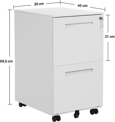 Rootz Drawer Unit - Filing Cabinet - On Wheels - 2 Drawers - Lock - White - Metal - 39 x 45 x 69.5 cm