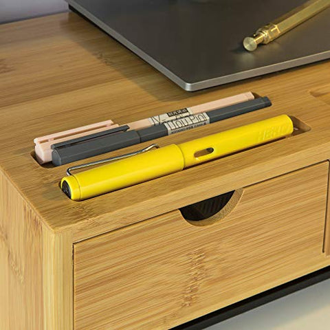 Rootz Bamboo Monitor Stand Computer Screen- Monitor Stand Monitor Riser Desk Organizer with 3 Drawers
