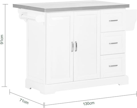 Rootz Extendable Kitchen Island - Cabinet Sideboard Kitchen - Storage Trolley with Stainless Steel Worktop