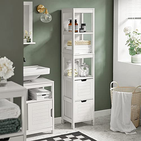 Rootz White Tall Bathroom Storage Cabinet with 3 Shelves and 2 Drawers