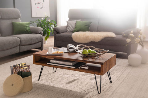 Rootz Coffee Table - Sheesham Solid Wood - Metal Coffee Table - Design Rectangular Coffee Table - Large Living Room Table (100x40x50 cm)