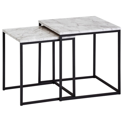 Rootz Side Table Set - Marble-Look - Black Table Frame - Modern Nesting Tables - White (Set of 2)