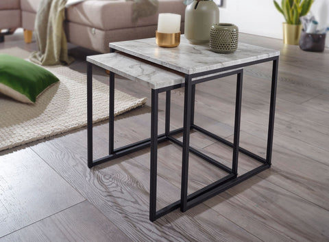 Rootz Side Table Set - Marble-Look - Black Table Frame - Modern Nesting Tables - White (Set of 2)