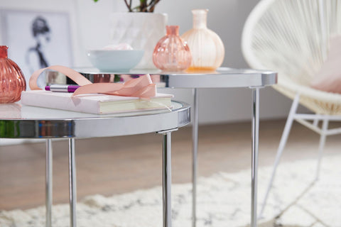 Rootz Round Side Table Set - White Silver - Glass Top - Living Room Nesting Table - Milk Glass Coffee Table - 50-42 cm