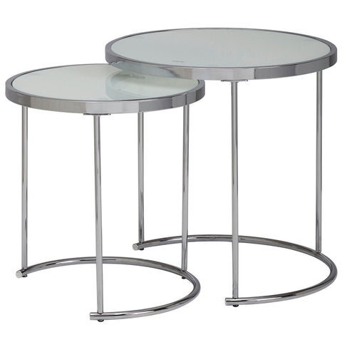 Rootz Round Side Table Set - White Silver - Glass Top - Living Room Nesting Table - Milk Glass Coffee Table - 50-42 cm