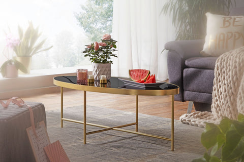 Rootz Coffee Table - Black Glass - Gold Metal Frame - Large Living Room Lounge Table - Oval - 110 x 56 cm