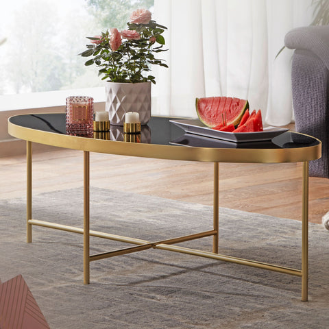 Rootz Coffee Table - Black Glass - Gold Metal Frame - Large Living Room Lounge Table - Oval - 110 x 56 cm