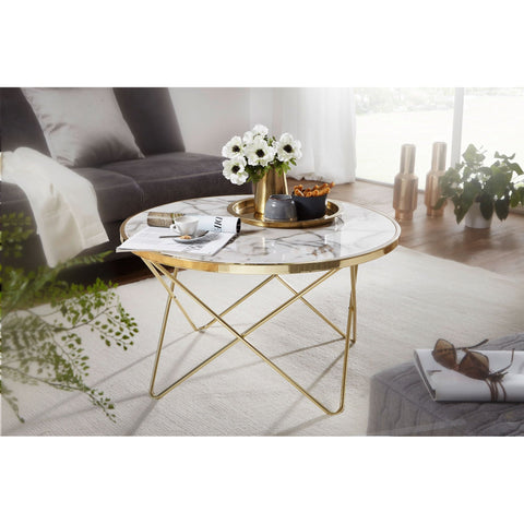 Rootz Coffee table - Side table - Design - Marble look - White - Copper / Gold - Round - Ø 85cm