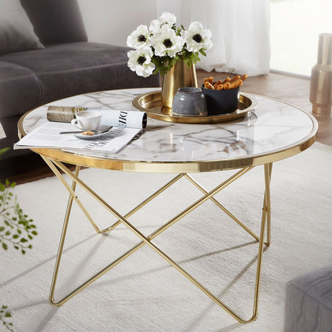 Rootz Coffee table - Side table - Design - Marble look - White - Copper / Gold - Round - Ø 85cm