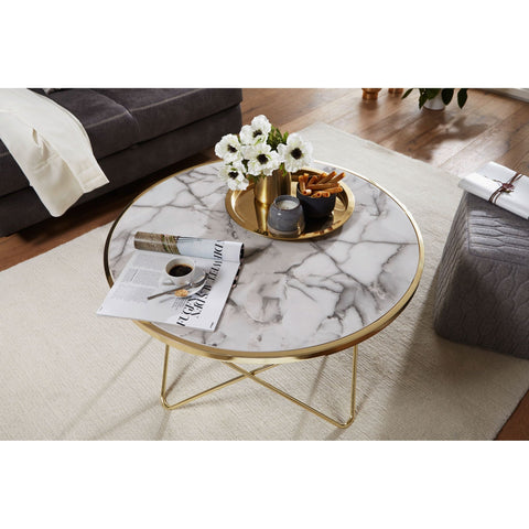 Rootz Coffee table - Side table - Design - Marble look - White - Copper / Gold - Round - Ø 85cm