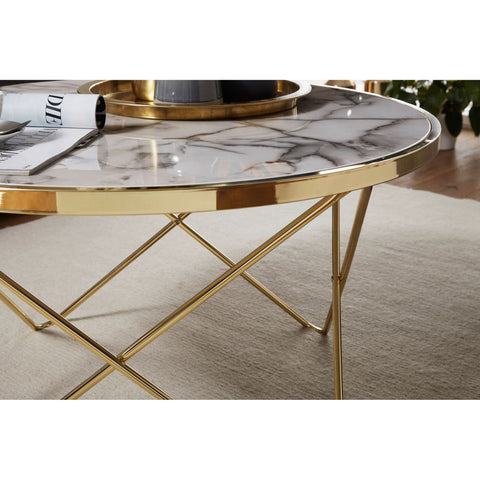 Rootz Coffee table - Side table - Design - Marble look - White - Copper / Gold - Round - Ø 85cm