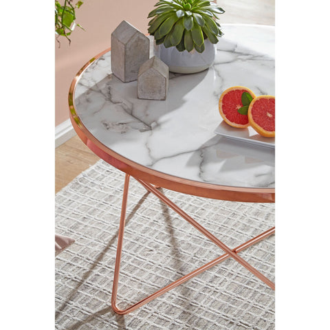 Rootz Coffee table - Side table - Design - Marble look - White - Copper / Gold - Round - Ø 85cm