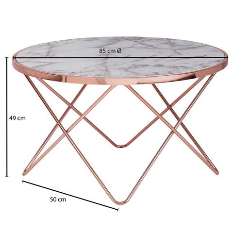 Rootz Coffee table - Side table - Design - Marble look - White - Copper / Gold - Round - Ø 85cm