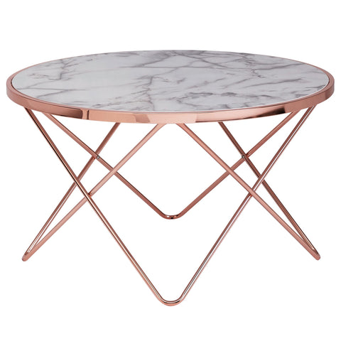 Rootz Coffee table - Side table - Design - Marble look - White - Copper / Gold - Round - Ø 85cm