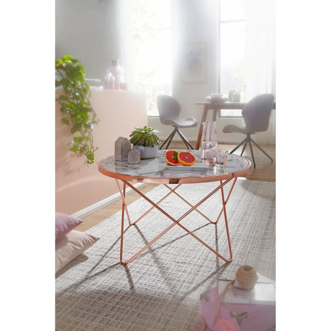 Rootz Coffee table - Side table - Design - Marble look - White - Copper / Gold - Round - Ø 85cm