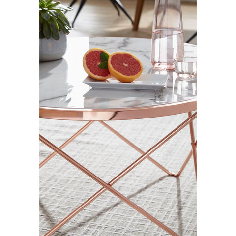 Rootz Coffee table - Side table - Design - Marble look - White - Copper / Gold - Round - Ø 85cm