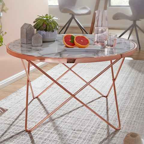 Rootz Coffee table - Side table - Design - Marble look - White - Copper / Gold - Round - Ø 85cm