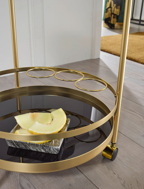 Rootz Trolley - 2 Levels - Side Table on Castors with Glass Top - Black Dining Car - Kitchen and Tea Trolley - Gold - Round - 45cm