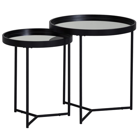 Rootz Side Table Set - 2 Pieces - Black with Mirror Glass Top - Living Room Nesting Tables - Mirrored Coffee Table Pair - Round 50-36cm