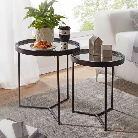 Rootz Side Table Set - 2 Pieces - Black with Mirror Glass Top - Living Room Nesting Tables - Mirrored Coffee Table Pair - Round 50-36cm