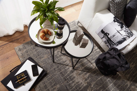 Rootz Side Table Set - 2 Pieces - Black with Mirror Glass Top - Living Room Nesting Tables - Mirrored Coffee Table Pair - Round 50-36cm