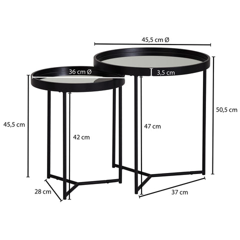 Rootz Side Table Set - 2 Pieces - Black with Mirror Glass Top - Living Room Nesting Tables - Mirrored Coffee Table Pair - Round 50-36cm