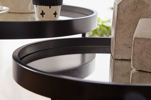 Rootz Side Table Set - 2 Pieces - Black with Mirror Glass Top - Living Room Nesting Tables - Mirrored Coffee Table Pair - Round 50-36cm