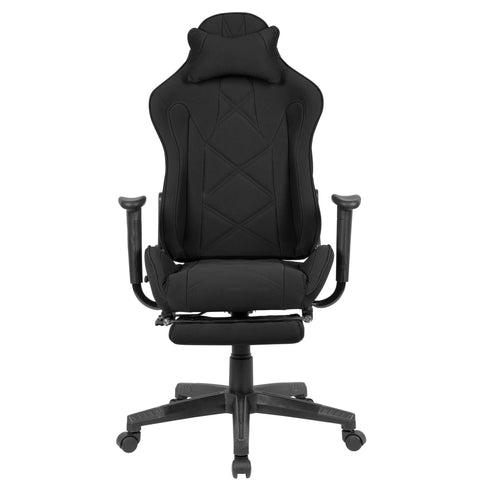 Rootz Gaming Desk Chair - Black Fabric Swivel Chair - Up to 120kg - High Backrest - Extendable Footrest
