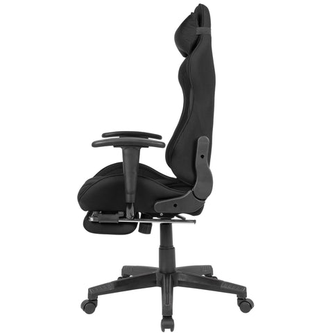 Rootz Gaming Desk Chair - Black Fabric Swivel Chair - Up to 120kg - High Backrest - Extendable Footrest
