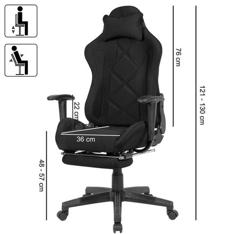 Rootz Gaming Desk Chair - Black Fabric Swivel Chair - Up to 120kg - High Backrest - Extendable Footrest